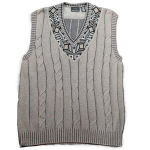 Greg Norman Mens L Sweater Vest Gray Cable Kinit V-Neck Embroidered Logo